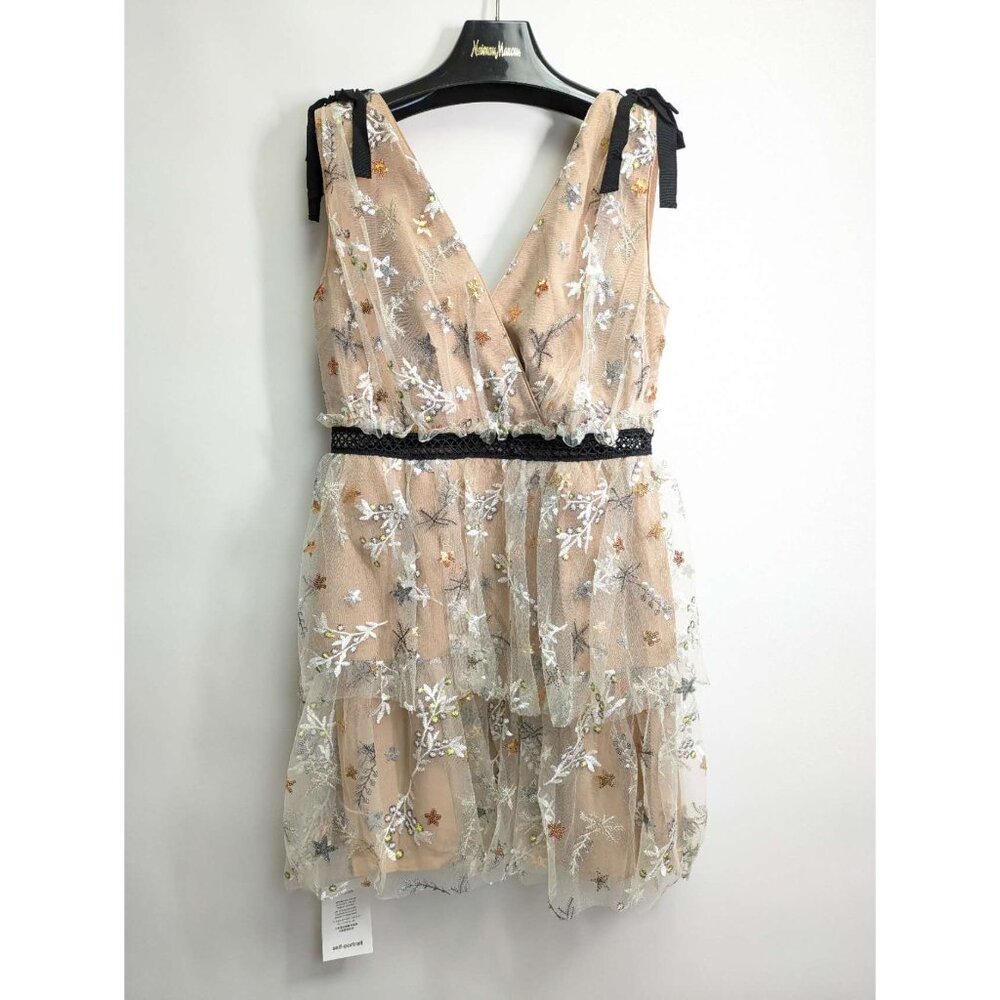 Self-portrait Star Embellished Mini Tiered Dress Beige US10 - Picture 3 of 10